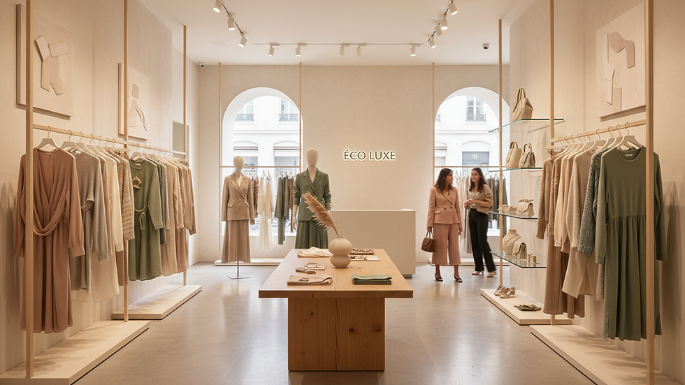 Eye-level view of a luxury boutique showcasing eco-friendly fashion pieces