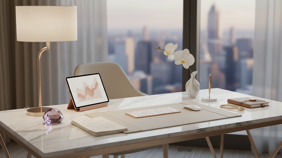Eye-level view of a sleek, modern office desk with luxury accessories