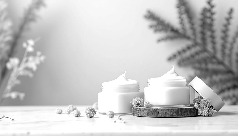 Close-up view of a serene skincare setup with cream jars and botanical elements