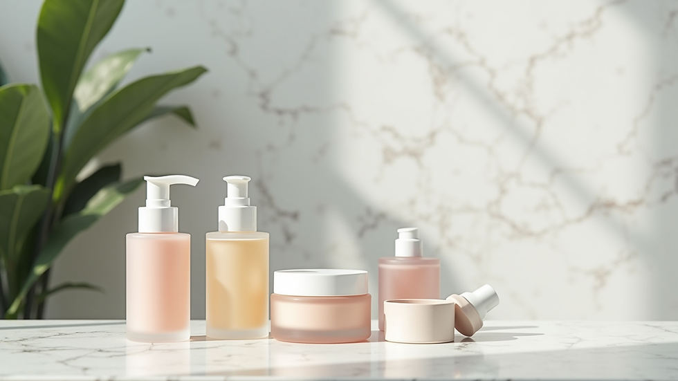 Close-up view of skincare products arranged on a marble surface