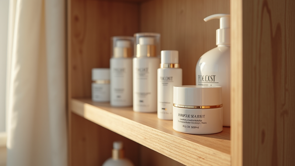 Eye-level view of luxury skincare products displayed on a wooden shelf