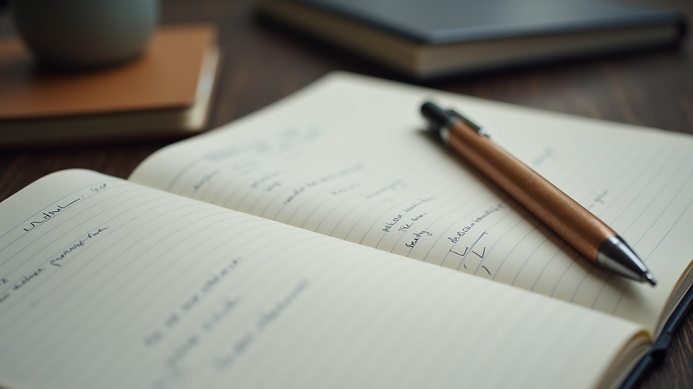 Close-up view of a notebook with personal branding notes and a pen