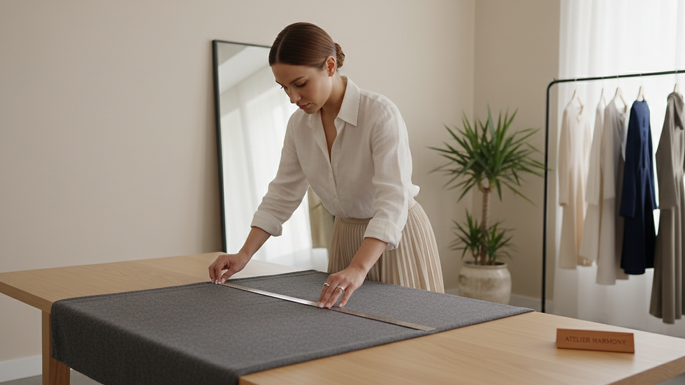 Eye-level view of a bespoke tailor measuring fabric for a luxury suit