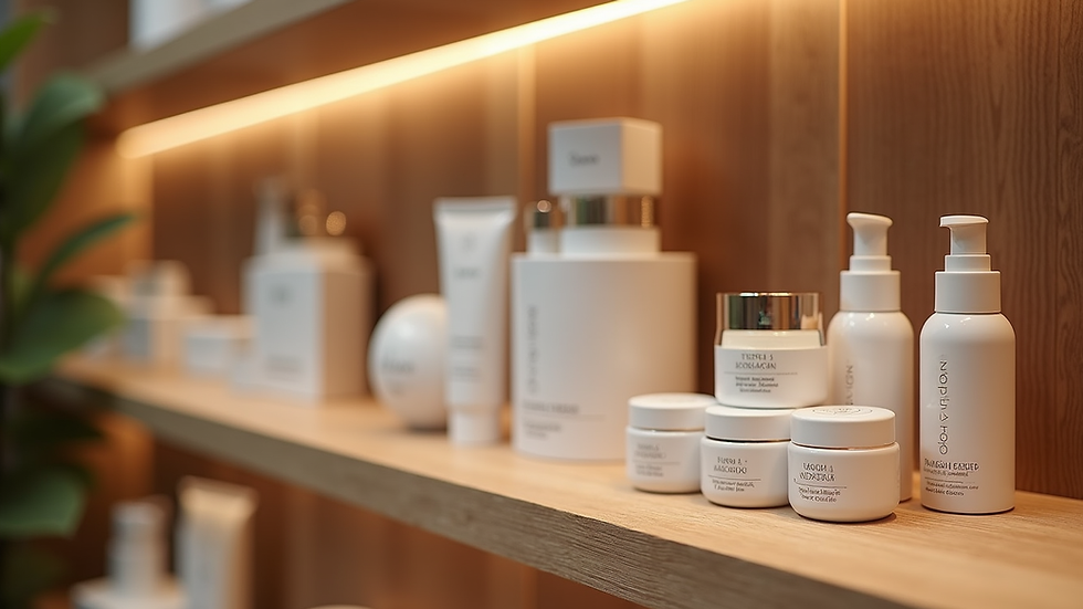 Eye-level view of a luxury skincare product display on a wooden shelf