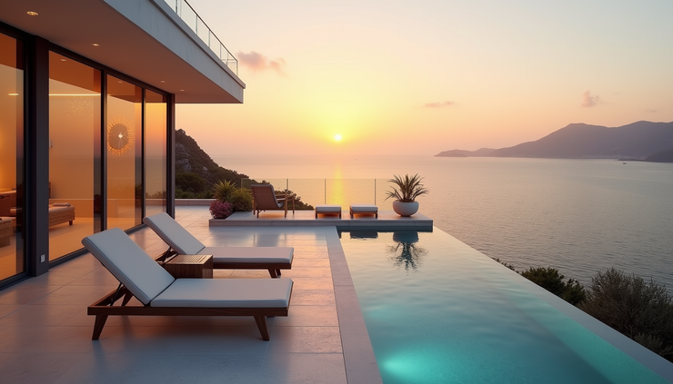 High angle view of a luxury villa terrace overlooking a sunset sea view