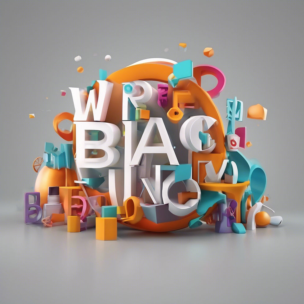 3D letters in white, orange, blue, and purple are scattered explosively against a gray backdrop, creating a dynamic, abstract scene.