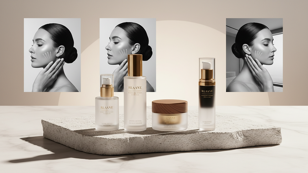 Close-up view of luxury skincare products arranged on natural stone surface