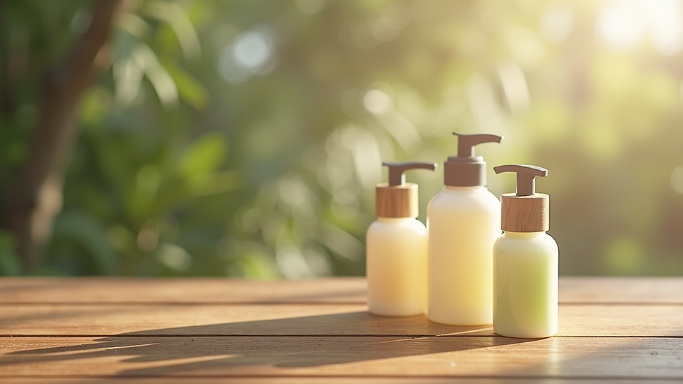 Close-up view of eco-friendly skincare bottles on wooden surface