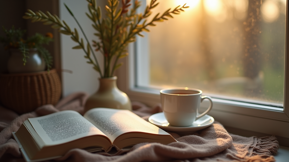Eye-level view of a cozy reading nook with a book and a cup of tea