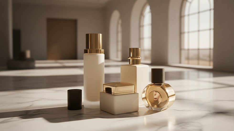 Close-up view of luxury skincare bottles arranged on marble surface
