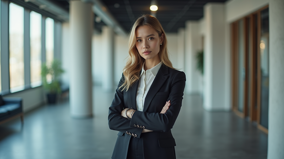 High angle view of a single woman standing confidently in a modern office space