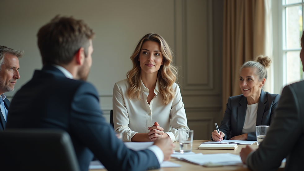 High angle view of a woman confidently leading a meeting