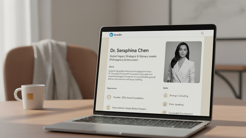 Close-up view of a laptop screen displaying a professional LinkedIn profile