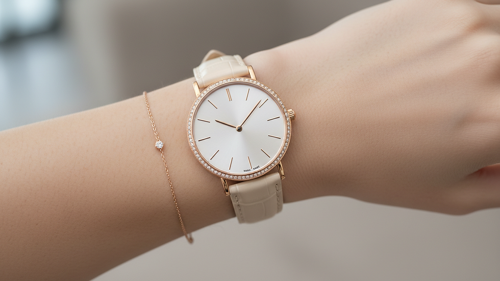Close-up view of a luxury watch on a wrist, symbolising refined presence