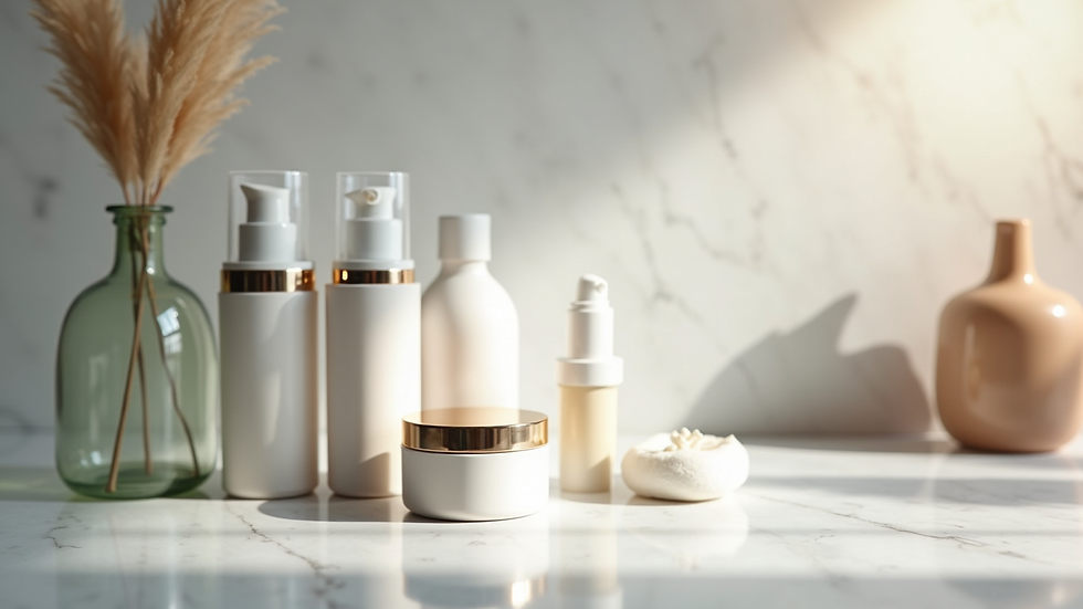 Eye-level view of luxury skincare products arranged on marble countertop