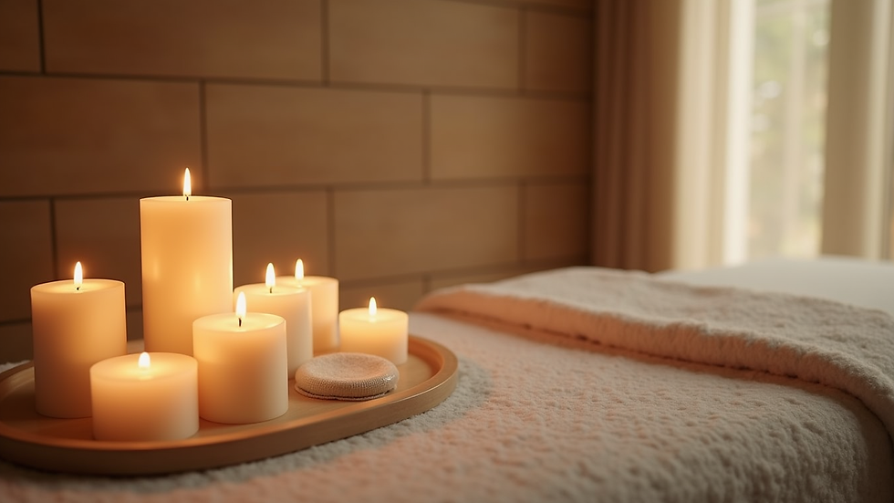 High angle view of a serene spa setting with candles and skincare products