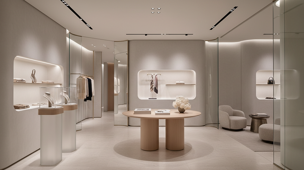 Eye-level view of a luxury boutique interior with elegant displays