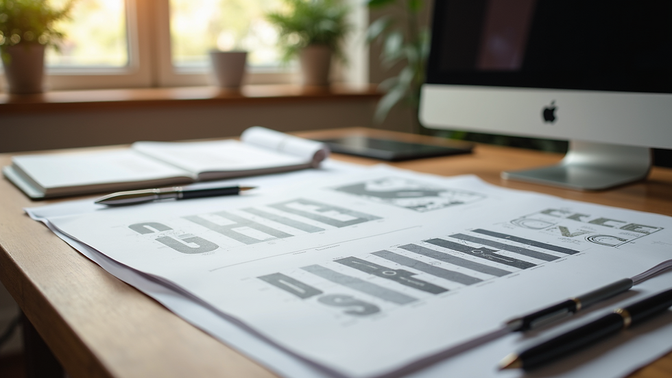 Eye-level view of a workspace with branding templates and design tools spread out