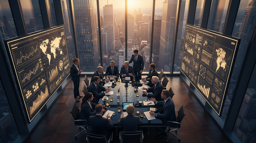 High angle view of a boardroom meeting with executives discussing strategy