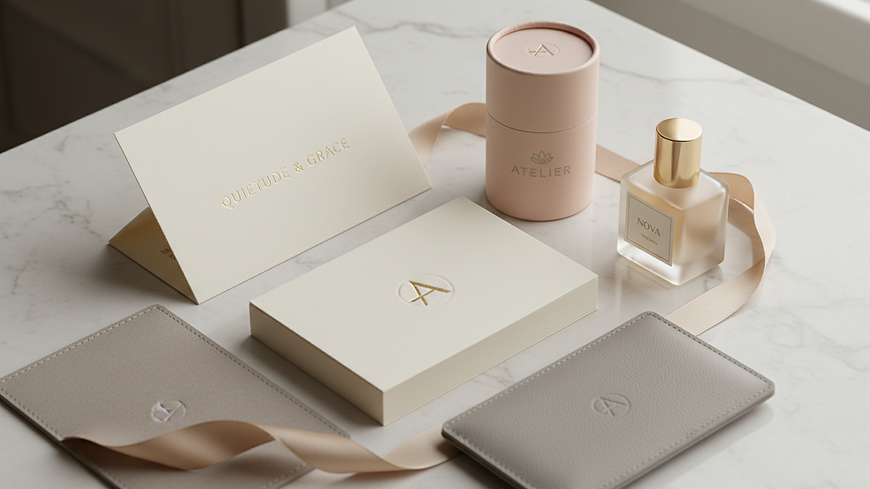 Close-up view of luxury branding materials including elegant logos and packaging