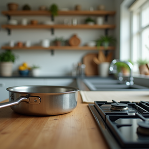 A clean and organized kitchen setting for cooking.
