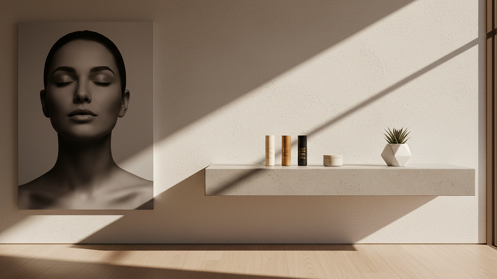 Eye-level view of a minimalist vanity with skincare essentials and a plant