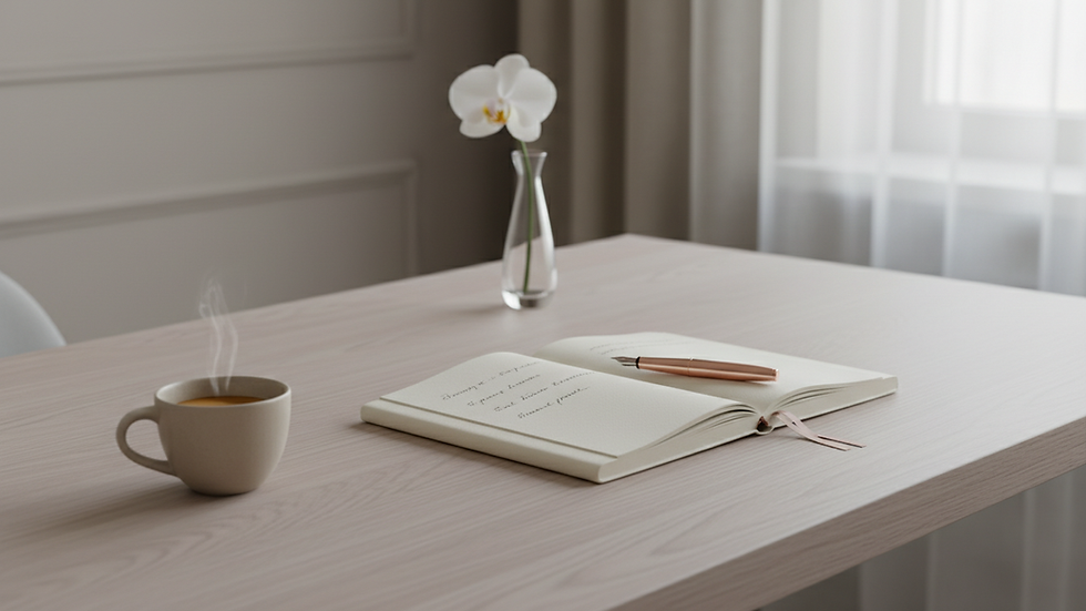 Eye-level view of a sleek office desk with a leather-bound notebook and pen
