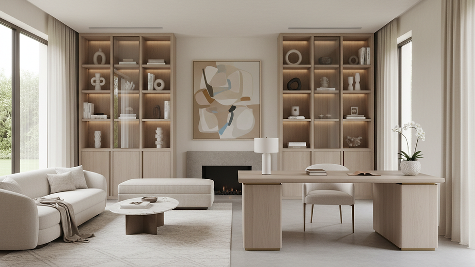Eye-level view of a minimalist luxury home office with elegant decor