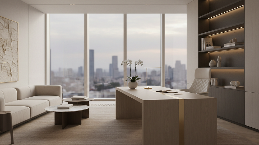 Eye-level view of a minimalist luxury office space with elegant furnishings