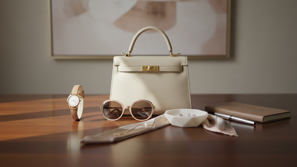 Close-up view of luxury accessories arranged on a polished wooden table