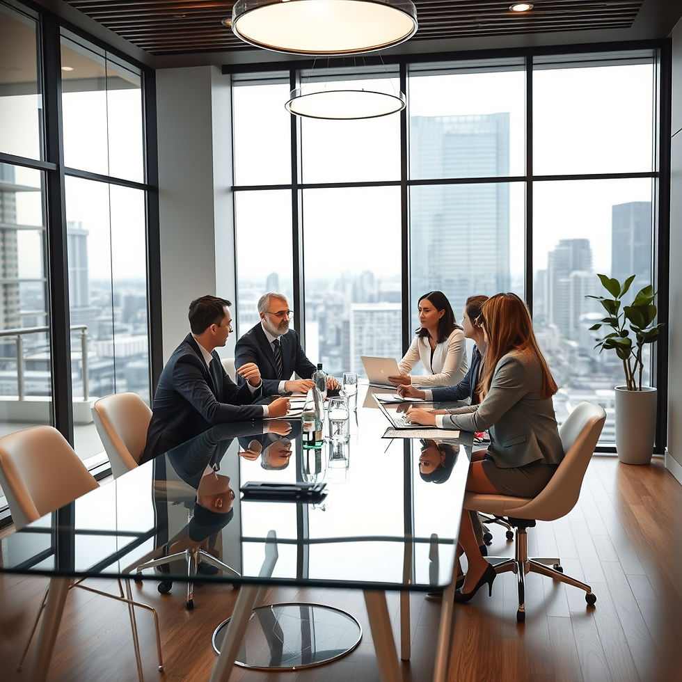 Five people in business attire have a meeting at a glass table in a modern office with cityscape views, discussing documents and using laptops.