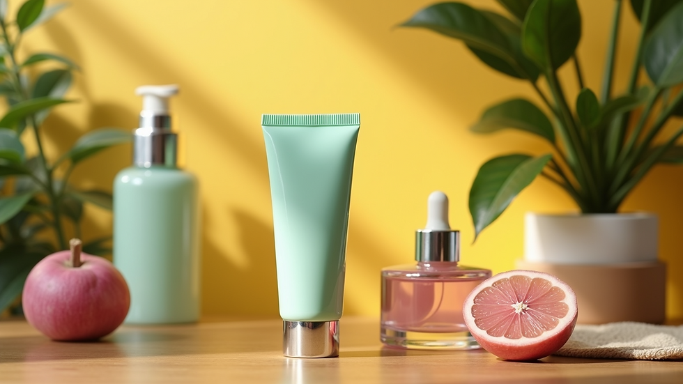 Eye-level view of a vibrant, natural setting with skincare essentials on a wooden table
