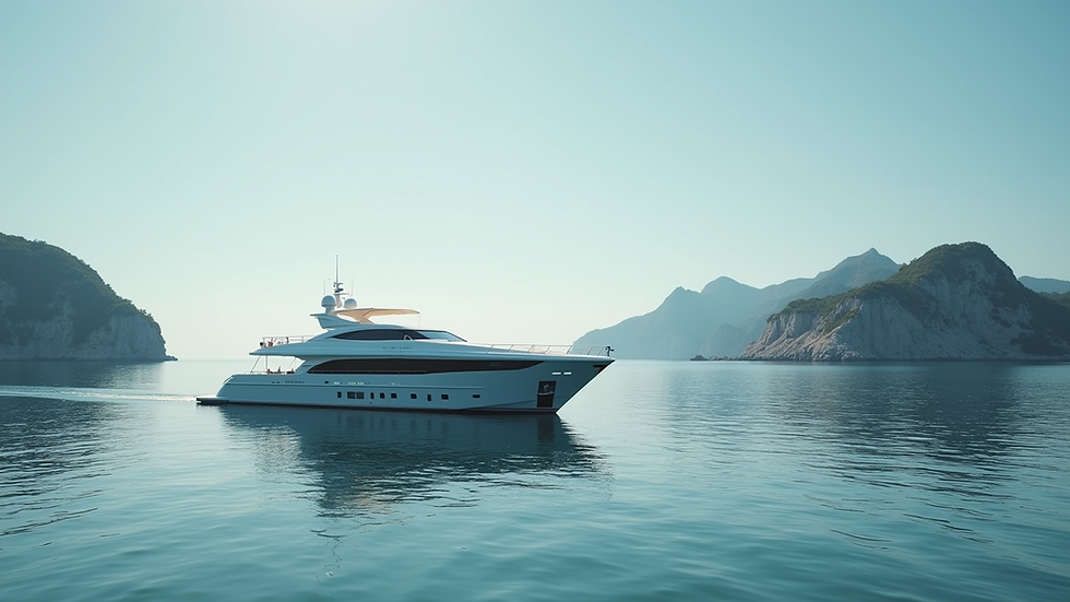 Eye-level view of a luxurious yacht anchored in a serene bay