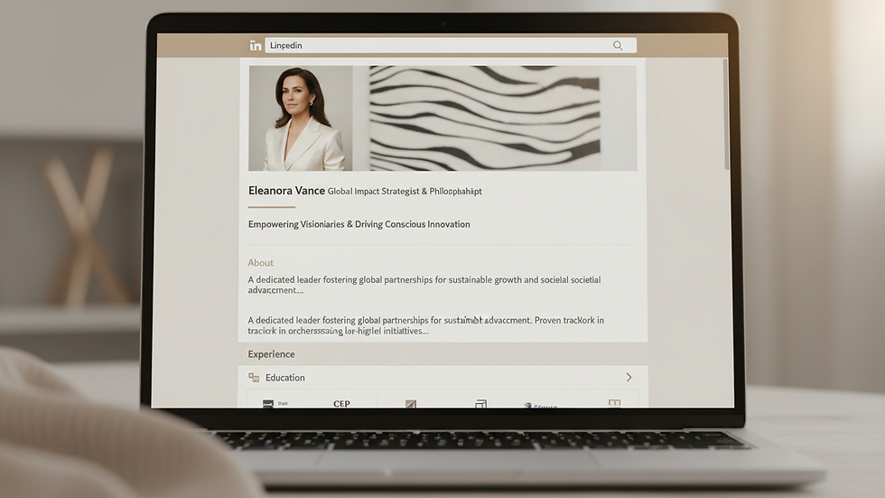 Close-up view of a laptop screen displaying a professional LinkedIn profile