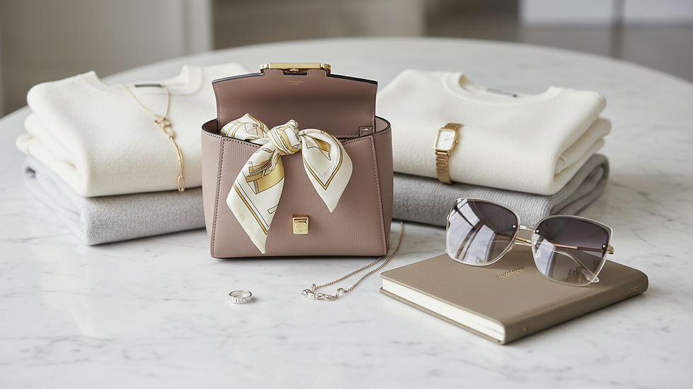 Close-up view of luxury accessories arranged elegantly on a marble surface