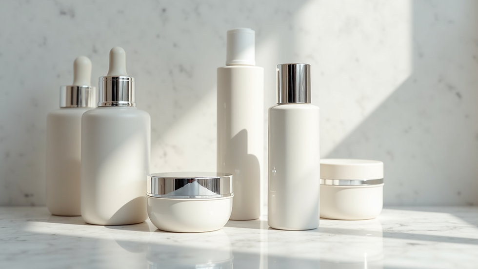 Close-up view of luxury skincare products arranged on a marble surface