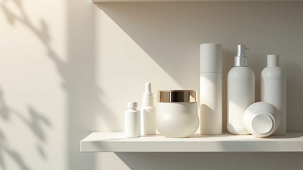 Eye-level view of luxury skincare products displayed on a minimalist shelf