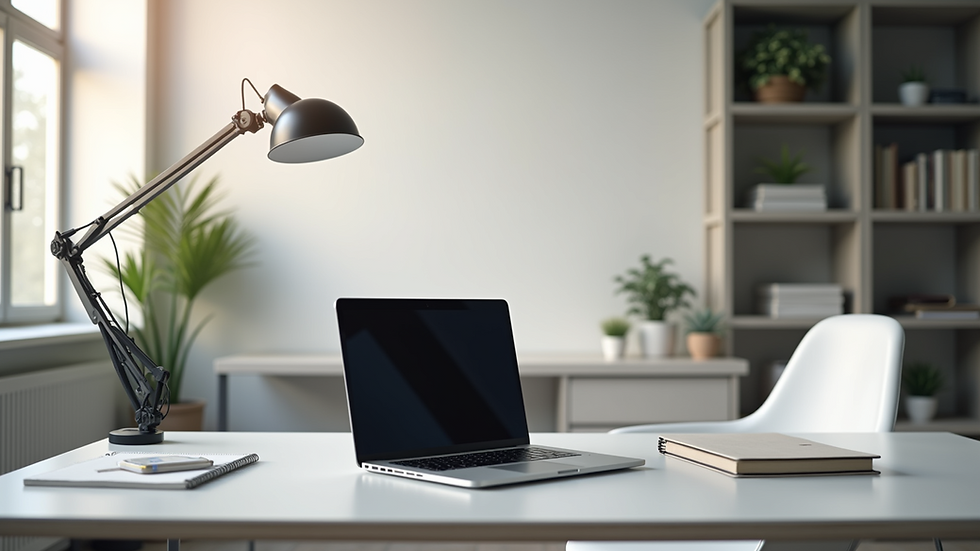 Eye-level view of a modern home office with a sleek desk and a laptop