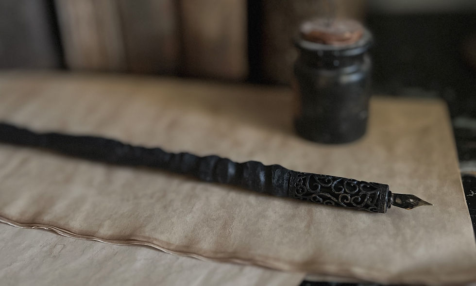 Handcarved wooden ink dip pen with metal bead magic wand