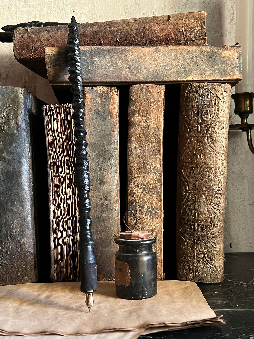 Handcarved wooden ink dip pen with metal bead reinforced nib holder