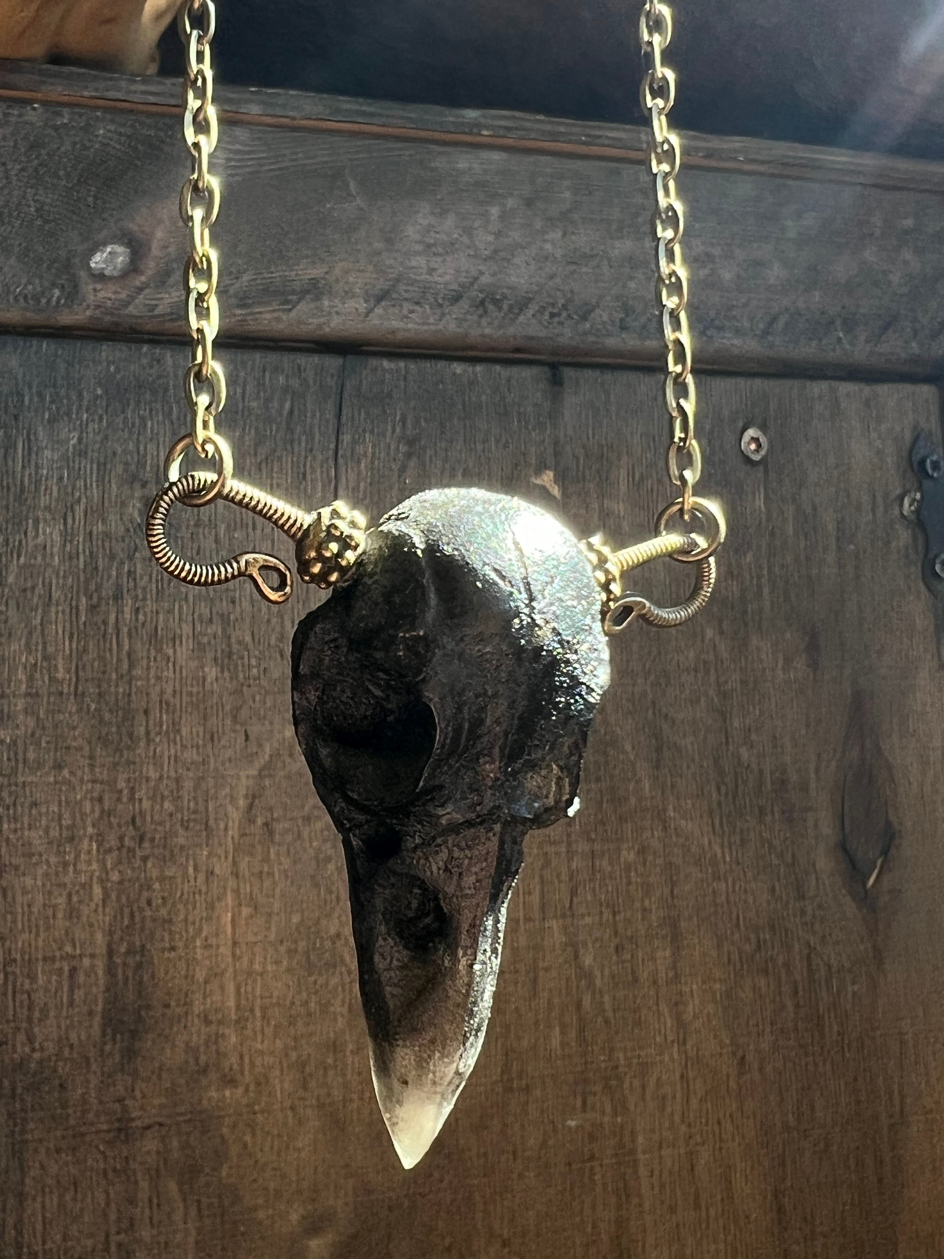 Raven skull necklace Obsidian