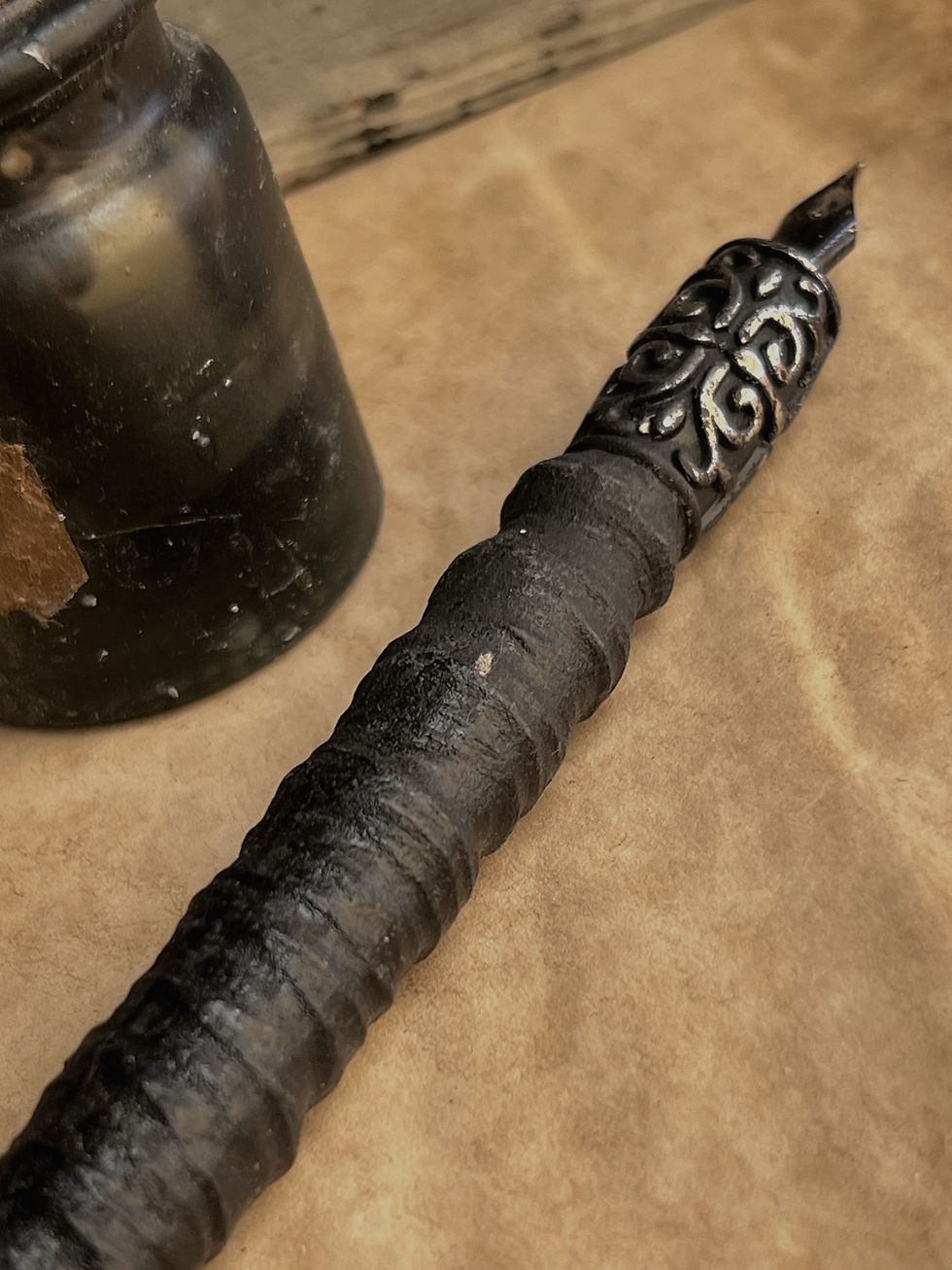 Thumbnail: Handcarved wooden ink dip pen with metal bead reinforced nib holde
