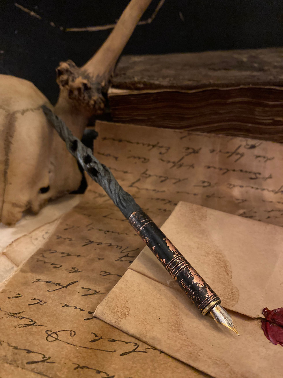 magic wand calligraphy ink dip pen carved driftwood copper brass
