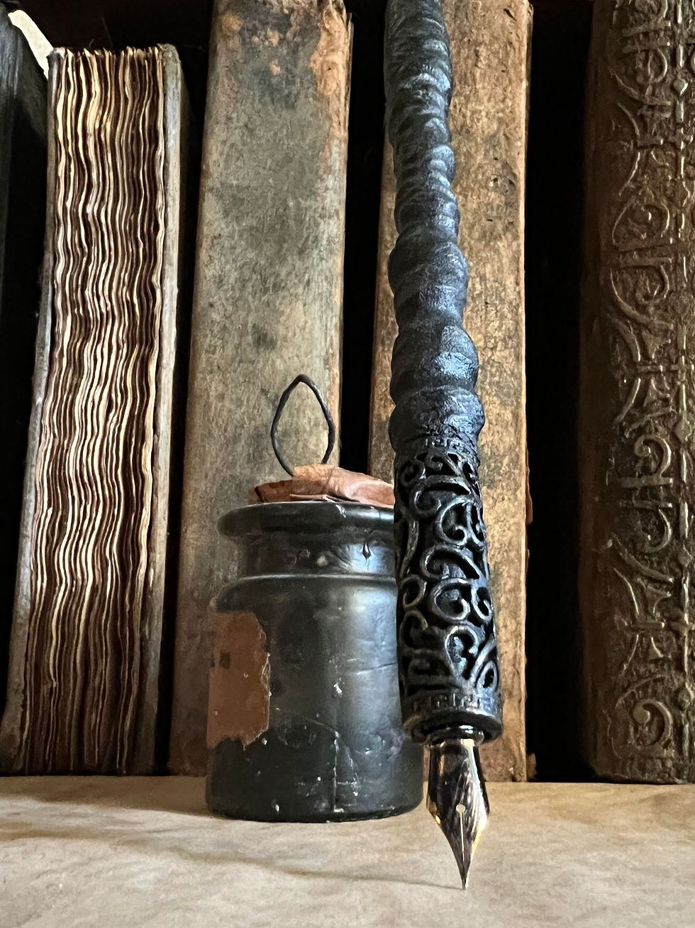 Handcarved wooden ink dip pen with metal bead magic wand