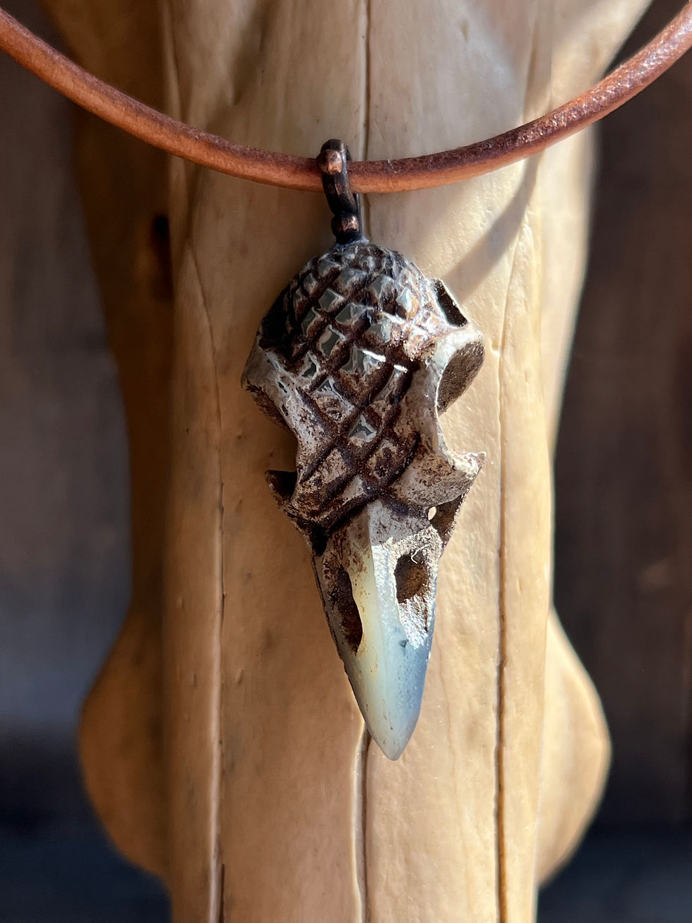 necklace raven skull resin art bone and jade