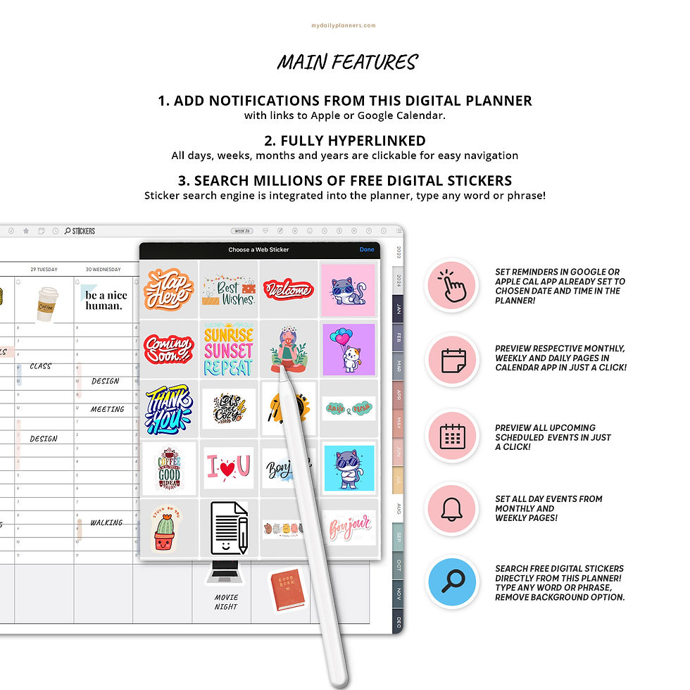 Pastel Digital Planner with links to Google and Apple Calendar 2024 |  MyDailyPlanners