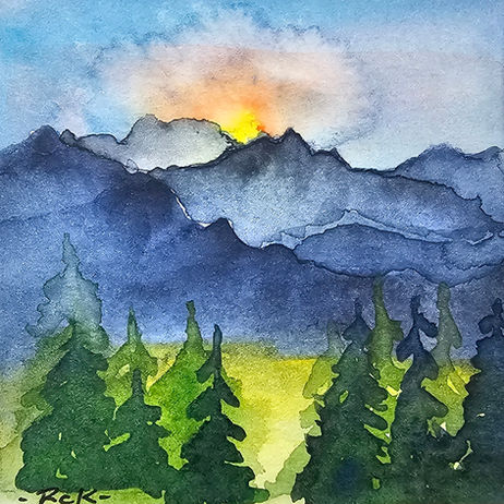 Mountain and sunrise watercolor painting