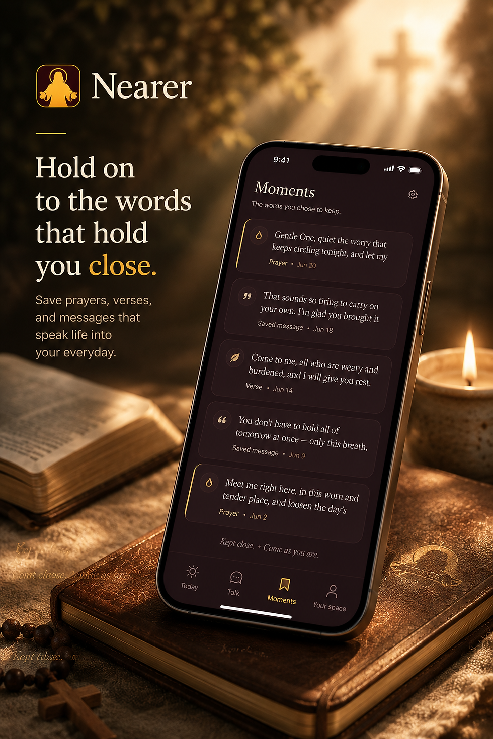 Nearer app on smartphone displaying comforting verses.