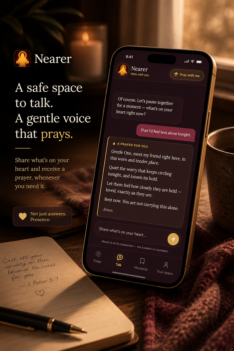 Nearer app on a phone beside a journal and candle.