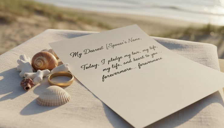 Close-up view of handwritten wedding vows on cream paper beside seashells.